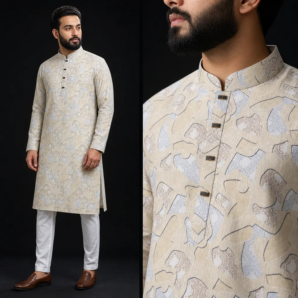 New Design Beige Color Printed Panjabi for Men