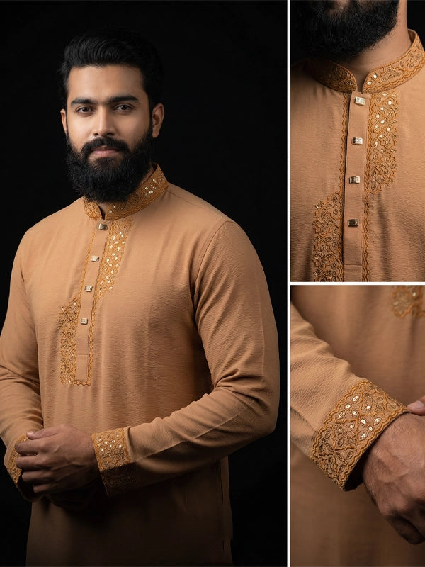 Man wearing a tan kurta with gold embroidery, shown from different angles.