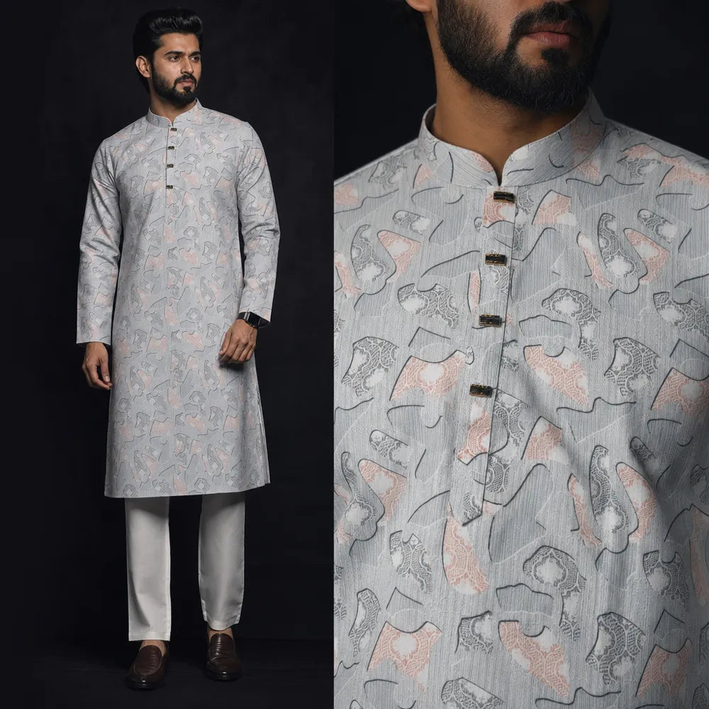Premium Light Grey Abstract Printed Panjabi for Men