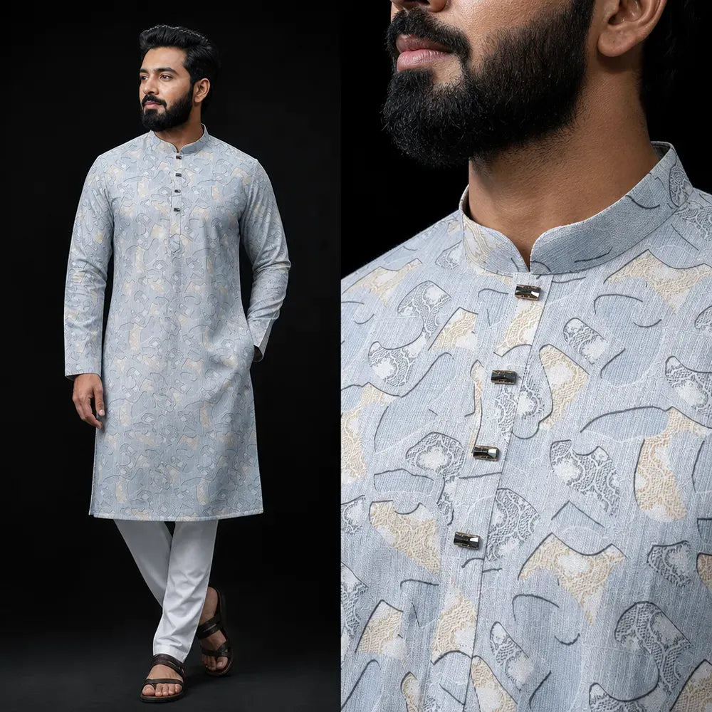 New Design Light Blue Printed Panjabi for Men