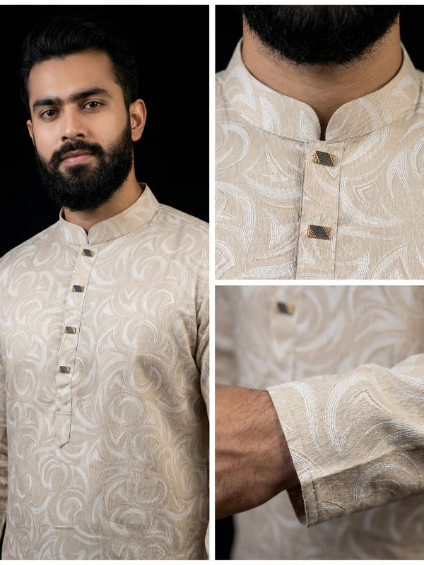 Collage of a beige kurta with intricate patterns on a black background